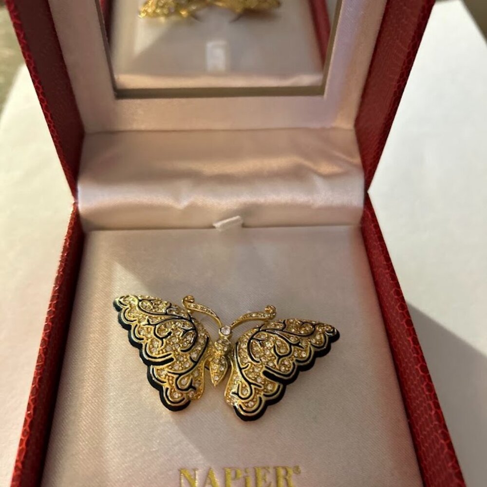 Napier Clear Rhinestone Butterfly Gold Tone Pin Brooch Vintage with original box